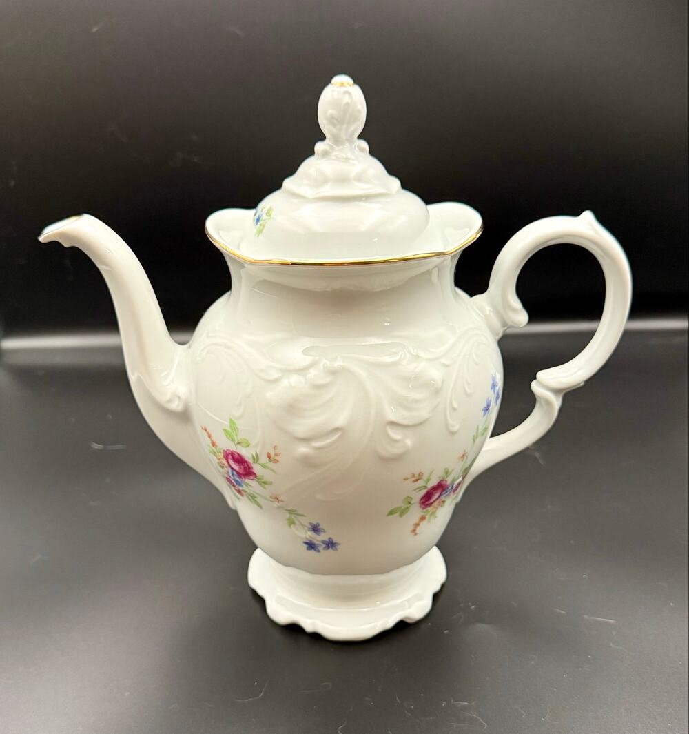 Vintage Wawel Poland Rose Garden Porcelain Teapot Coffee Pot Embossed Scroll